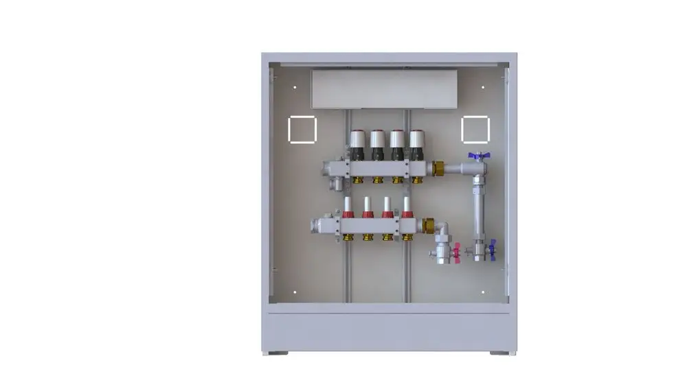 Danfoss Heizungsstation mit mehreren Ventilen und Rohrleitungen, installiert in einem kompakten Gehäuse, zur Regelung der Heizungs- und Warmwasserverteilung.